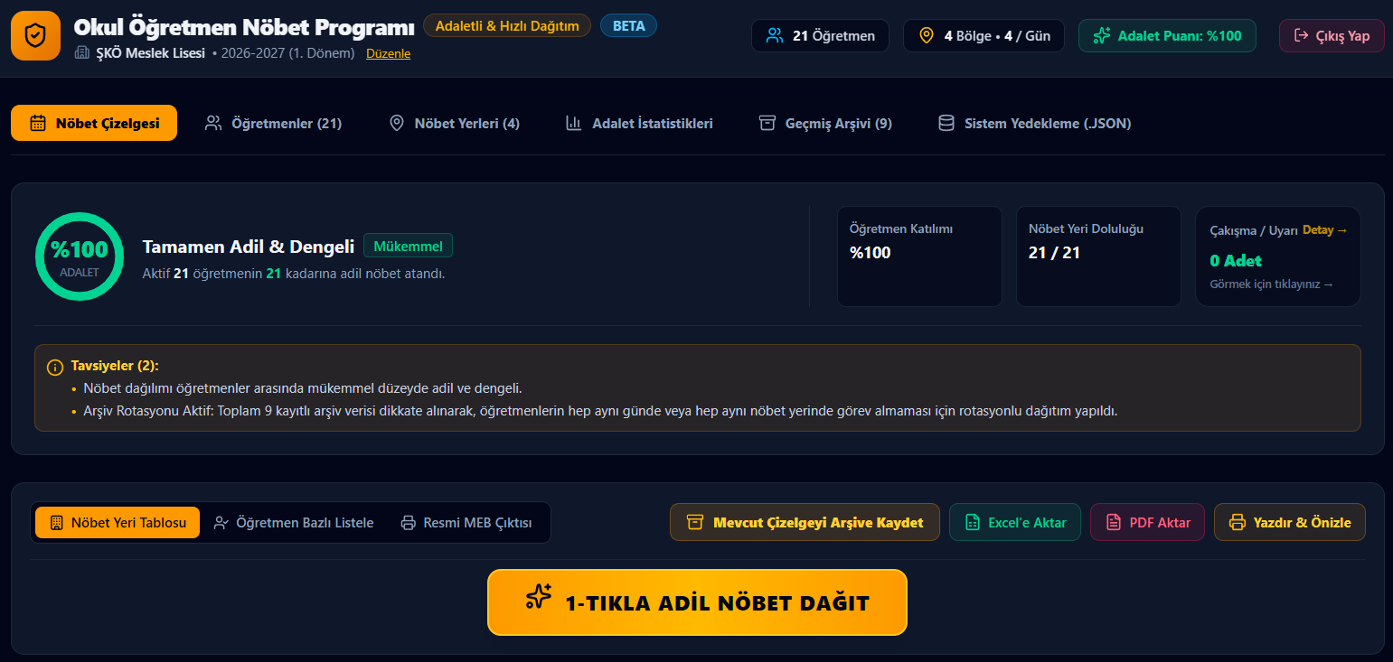 Okul Öğretmen Nöbet Programı masaüstü uygulaması, nöbet çizelgesi ekranı